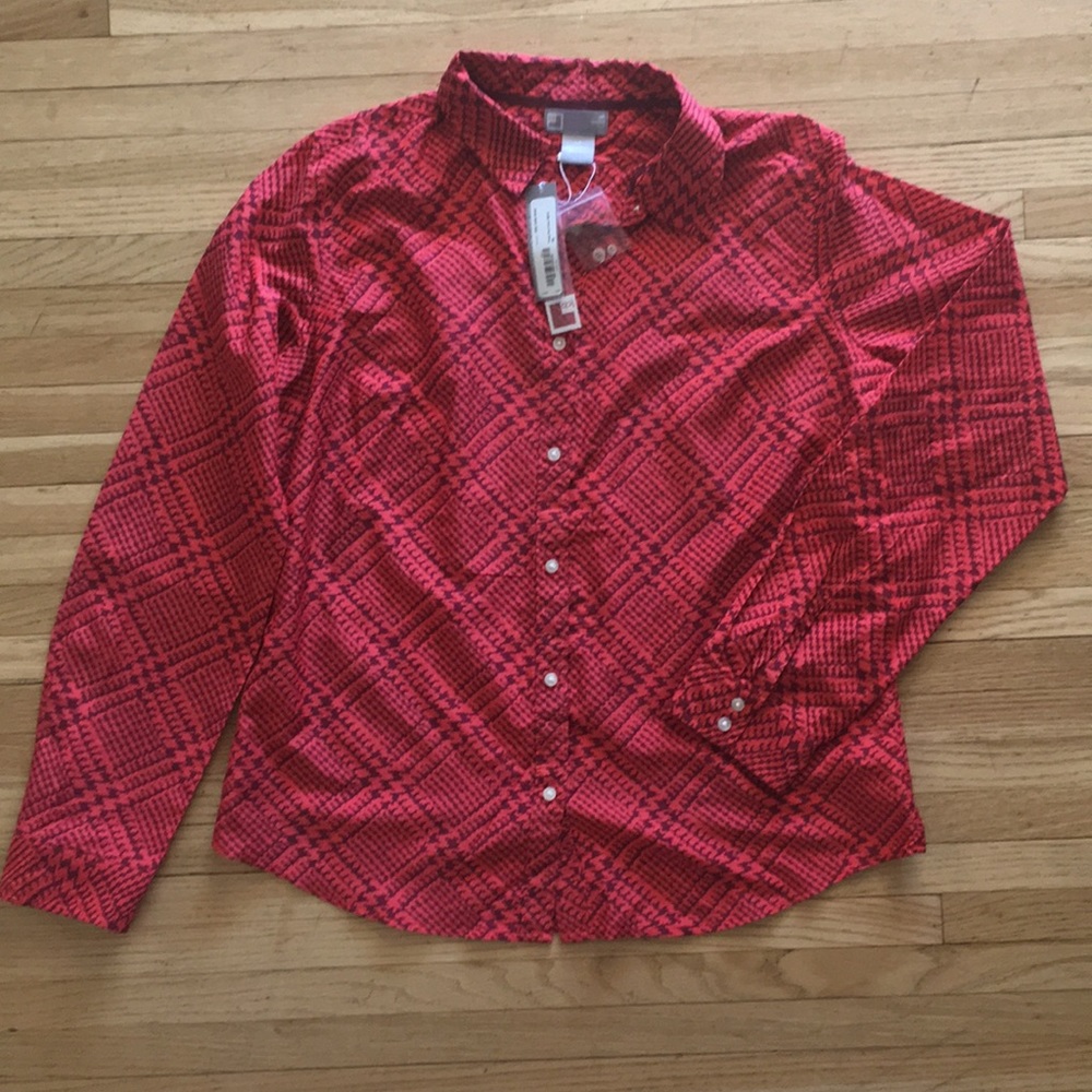 JCP button-up Blouse in burgundy and coral pink
